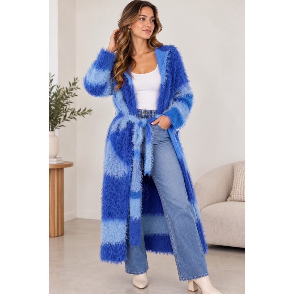 AKIRA Long Shaggy Cardigan Women L/XL Blue Eyelash Knit Hooded Belted Duster
